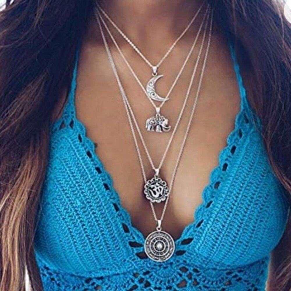 Rurah Ancient Silver Multi-layer Moon Elephant 3D Pendant necklace